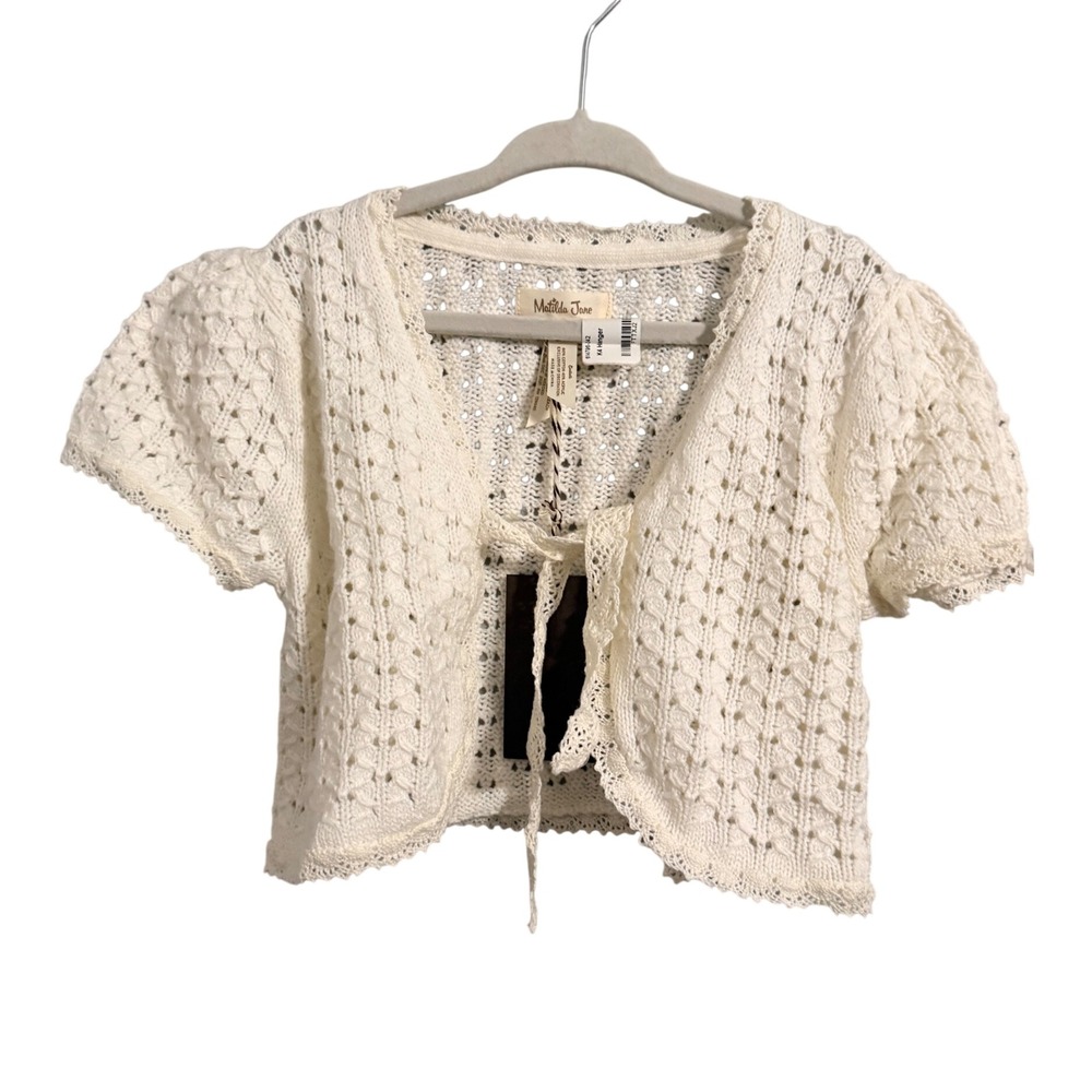 Matilda Jane Crochet Shrug Girls 6 Cream Short Puff Sleeve Tie Front Bolero